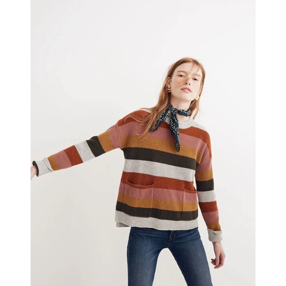 Madewell Patch Pocket Pullover Walton Stripe Arctic Ice Large Rainbow Thick Cozy